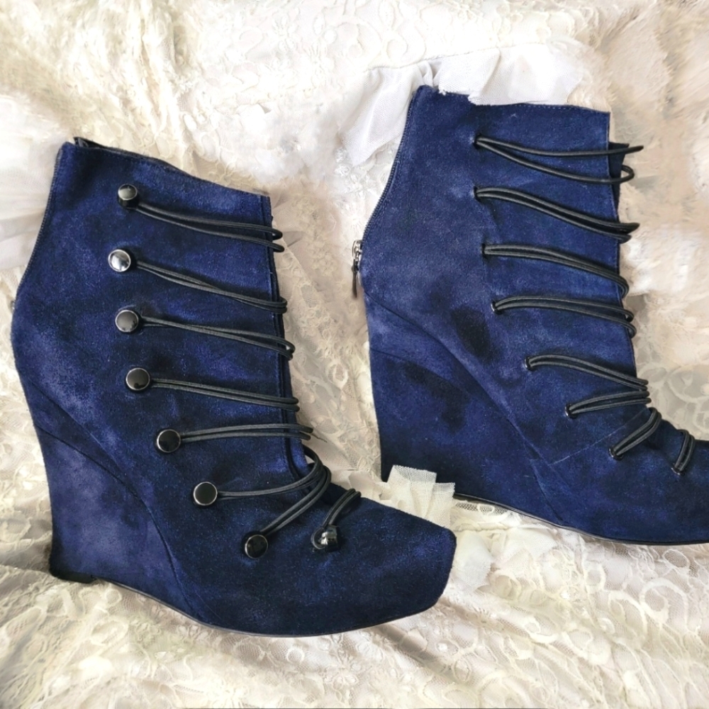 Rachel Roy Leather Steampunk Victorian Blue Navy Wedge Suede size 10 9.5